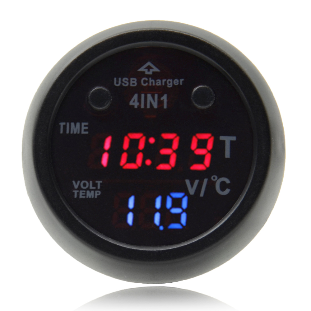 Hot 4in1 12V Car Calendar Datetime Clock Display,Digital Thermometer,Battery Monitor Voltmeter,2.1A Car Mounted Usb Charger